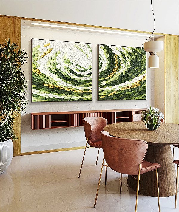 Duo de Quadros Quadrados Verde Dourado Movimento Circular Textura Orgânica Canvas Moldura