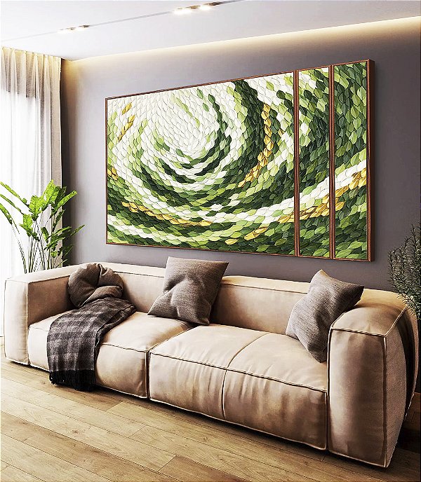 Trio de Quadros Estilizados Verde Dourado Movimento Circular Textura Orgânica Canvas Moldura
