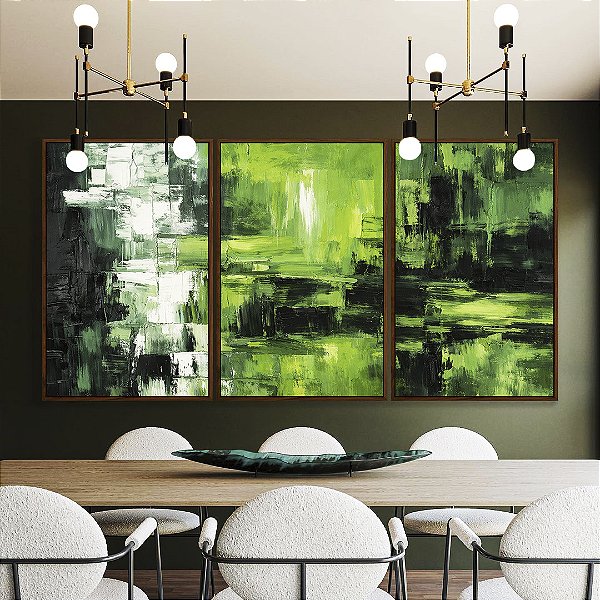 Trio de Quadros Abstrato Cores Verde Limão Branco Preto Canvas Moldura