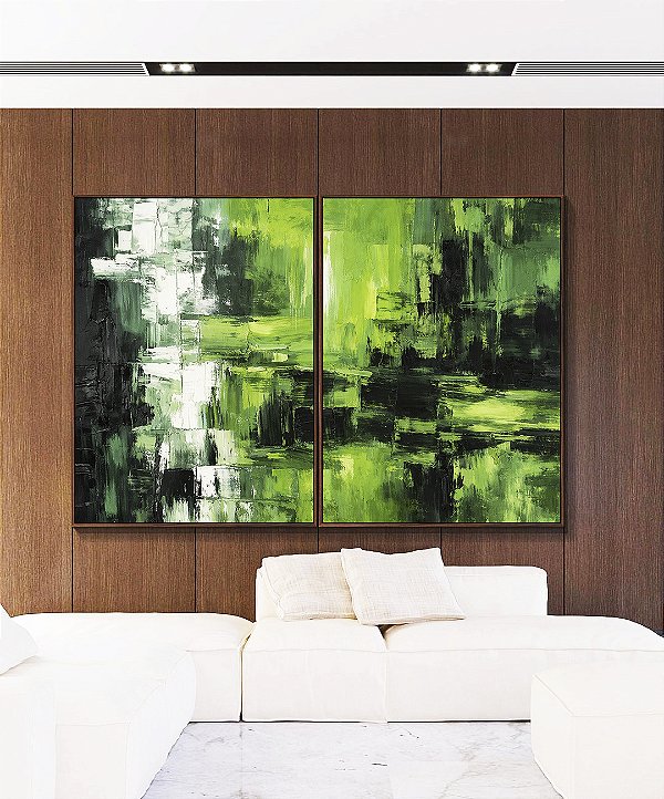 Duo de Quadros Abstrato Cores Verde Limão Branco Preto Canvas Moldura