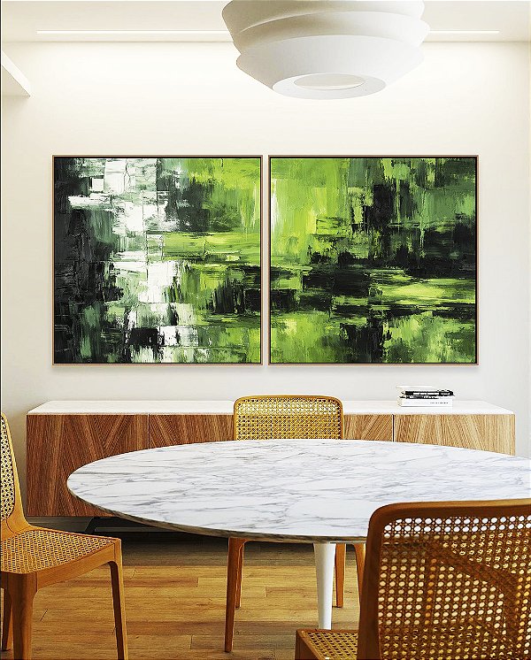 Duo de Quadros Quadrados Abstrato Cores Verde Limão Branco Preto Canvas Moldura