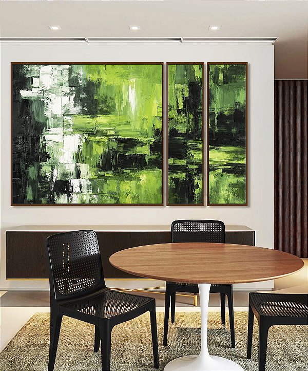 Trio de Quadros Estilizados Abstrato Cores Verde Limão Branco Preto Canvas Moldura