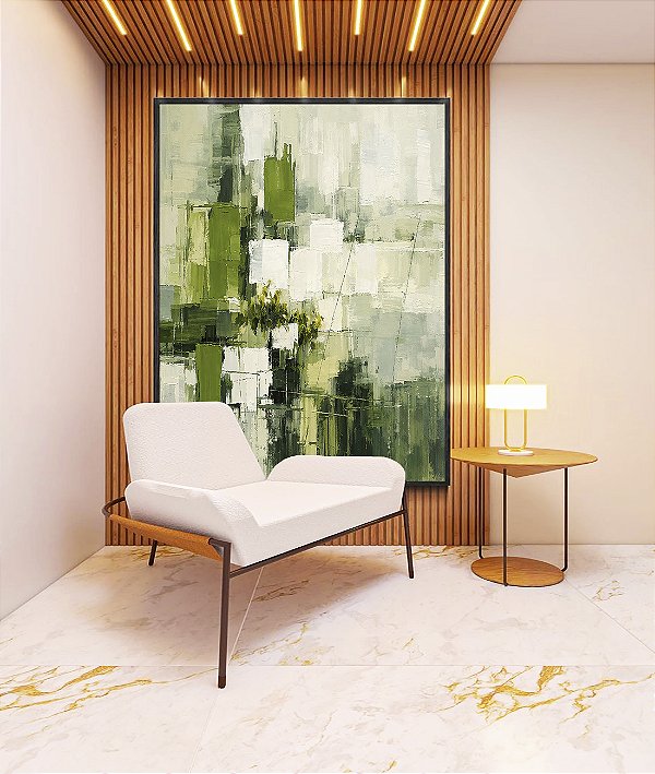 Quadro Vertical Abstrato Verde Cinza Efeito Pintura Canvas Moldura