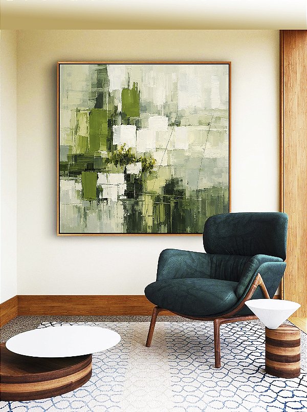 Quadro Quadrado Abstrato Verde Cinza Efeito Pintura Canvas Moldura