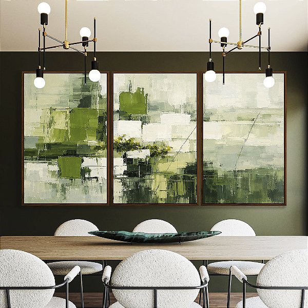 Trio de Quadros Abstrato Verde Cinza Efeito Pintura Canvas Moldura