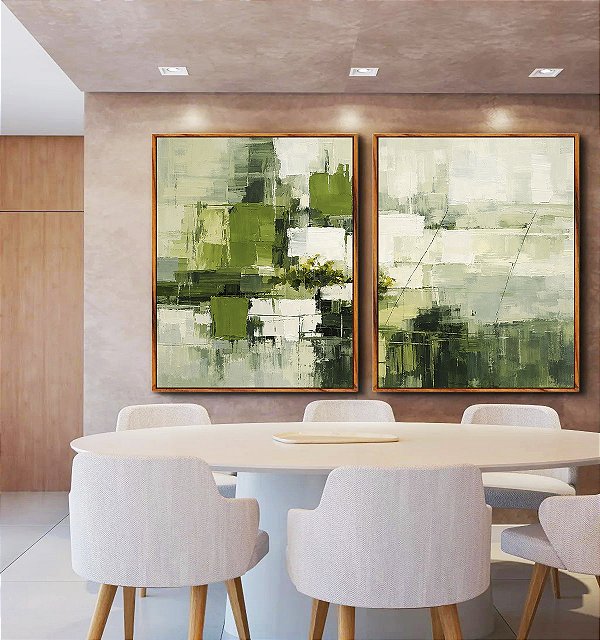 Duo de Quadros Abstrato Verde Cinza Efeito Pintura Canvas Moldura