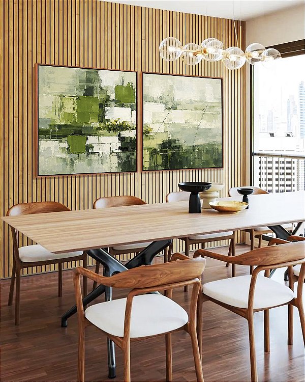 Duo de Quadros Quadrados Abstrato Verde Cinza Efeito Pintura Canvas Moldura