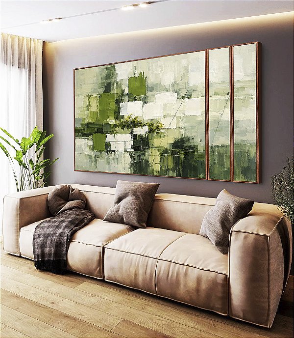 Trio de Quadros Estilizados Abstrato Verde Cinza Efeito Pintura Canvas Moldura