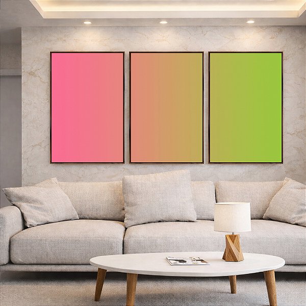 Trio de Quadros Abstrato Degradê Tons Suaves de Rosa e Verde Canvas Moldura