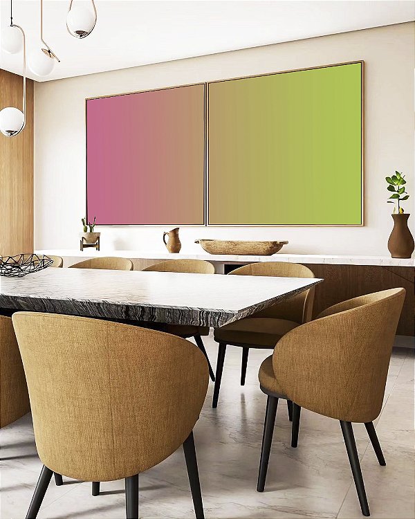 Duo de Quadros Quadrados Abstrato Degradê Tons Suaves de Rosa e Verde Canvas Moldura