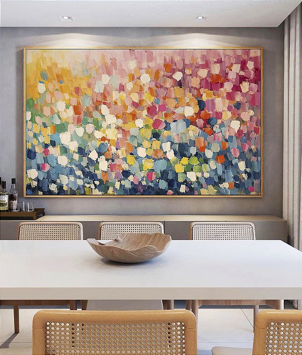 Quadro Horizontal Abstrato Colorido Azul Rosa Efeito Espatulado Canvas Moldura