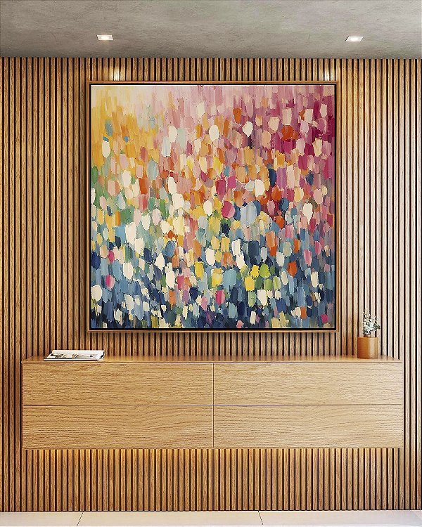 Quadro Quadrado Abstrato Colorido Azul Rosa Efeito Espatulado Canvas Moldura