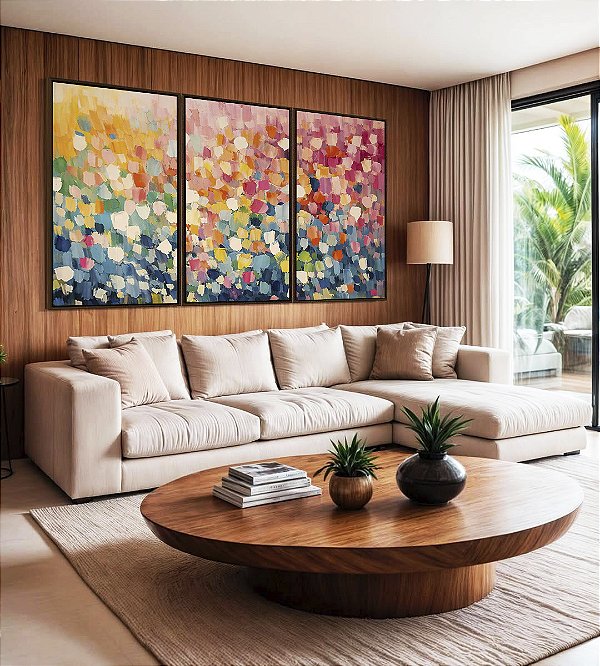 Trio de Quadros Abstrato Colorido Azul Rosa Efeito Espatulado Canvas Moldura