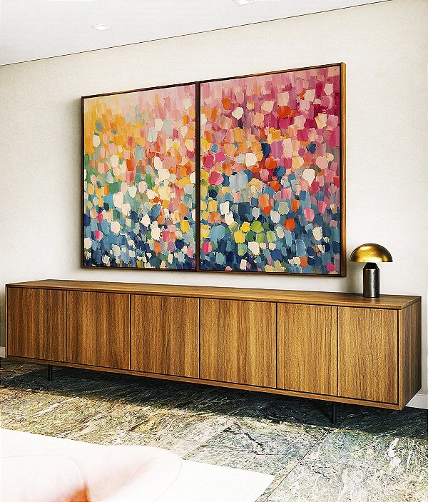 Duo de Quadros Abstrato Colorido Azul Rosa Efeito Espatulado Canvas Moldura