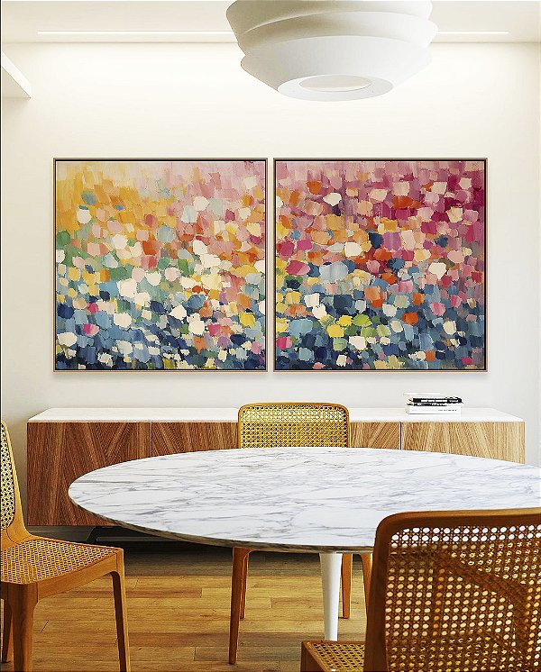 Duo de Quadros Quadrados Abstrato Colorido Azul Rosa Efeito Espatulado Canvas Moldura