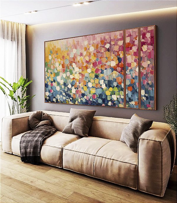 Trio de Quadros Estilizados Abstrato Colorido Azul Rosa Efeito Espatulado Canvas Moldura