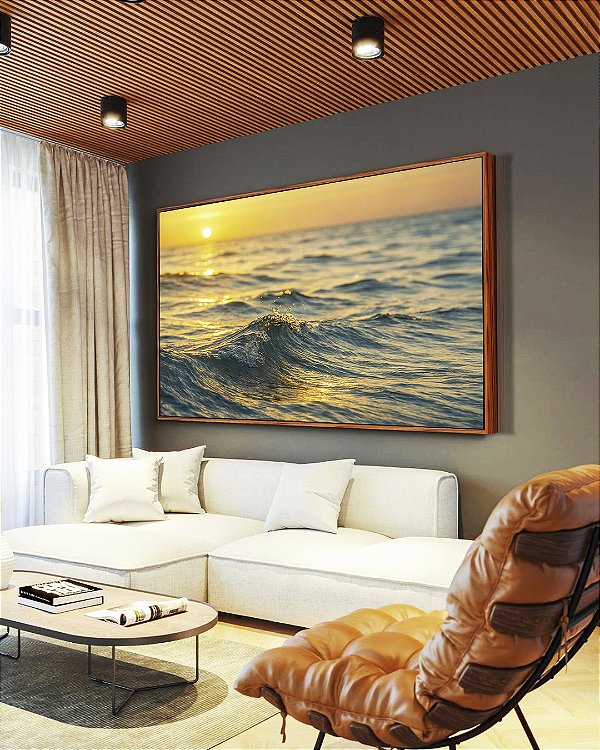 Quadro Horizontal Pôr do Sol no Mar Ondulado Prateado Natureza Canvas Moldura