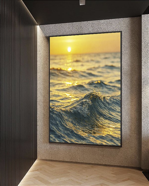 Quadro Vertical Pôr do Sol no Mar Ondulado Prateado Natureza Canvas Moldura