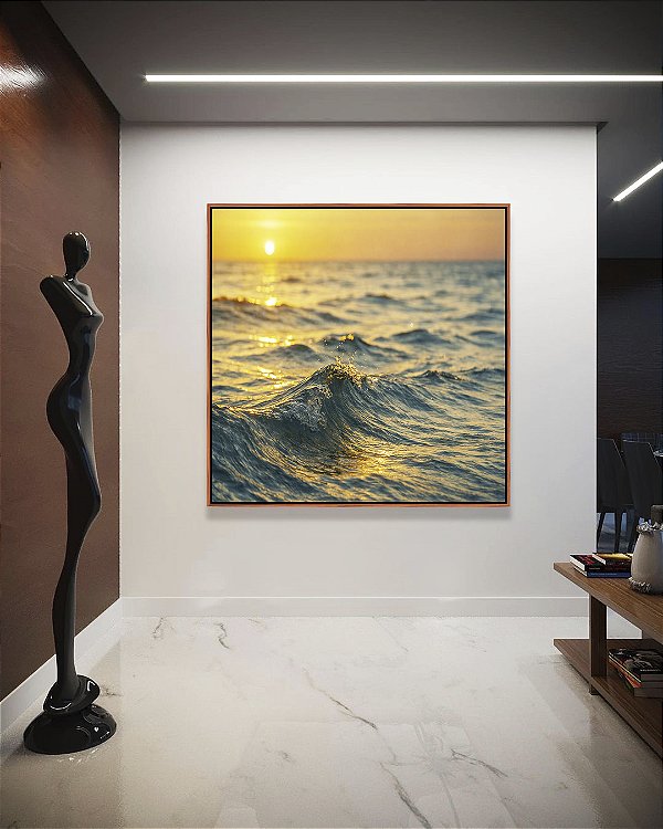 Quadro Quadrado Pôr do Sol no Mar Ondulado Prateado Natureza Canvas Moldura