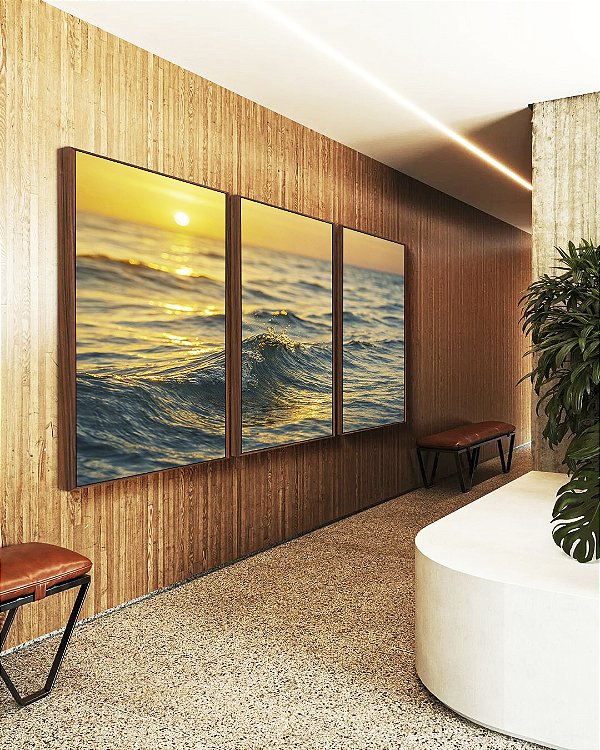 Trio de Quadros Pôr do Sol no Mar Ondulado Prateado Natureza Canvas Moldura