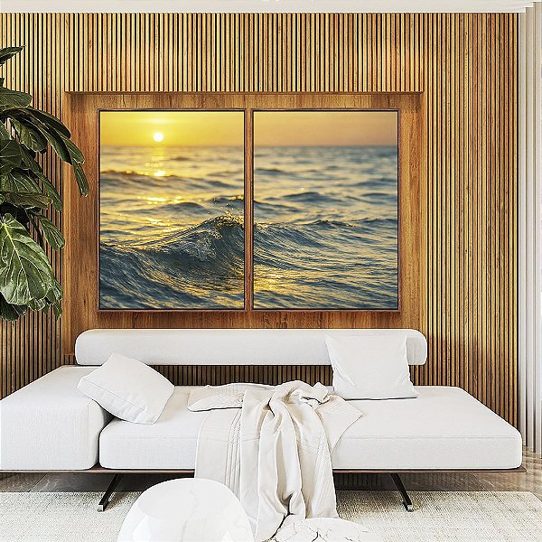 Duo de Quadros Pôr do Sol no Mar Ondulado Prateado Natureza Canvas Moldura
