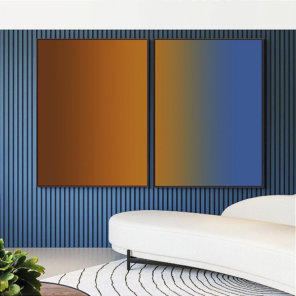 Duo de Quadros Abstrato Degradê Marrom Terra Cobre Azul Canvas Moldura