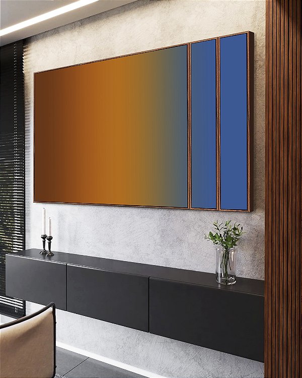 Trio de Quadros Estilizados Abstrato Degradê Marrom Terra Cobre Azul Canvas Moldura