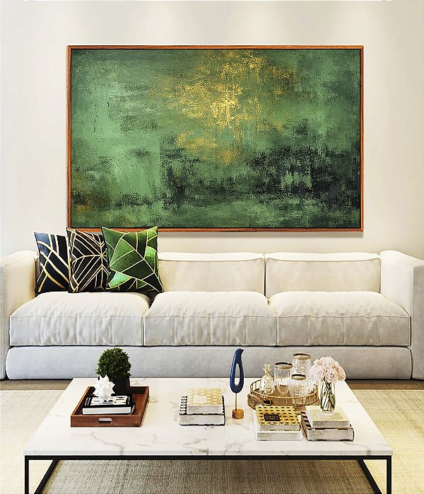 Quadro Horizontal Abstrato Verde Esmeralda Dourado Efeito Pintura Canvas Moldura