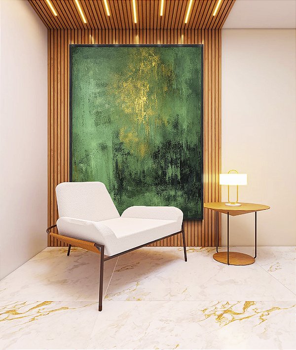 Quadro Vertical Abstrato Verde Esmeralda Dourado Efeito Pintura Canvas Moldura