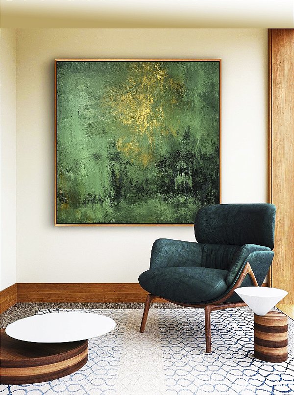 Quadro Quadrado Abstrato Verde Esmeralda Dourado Efeito Pintura Canvas Moldura