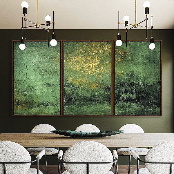 Trio de Quadros Abstrato Verde Esmeralda Dourado Efeito Pintura Canvas Moldura