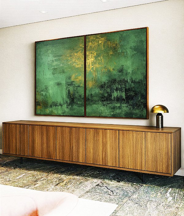 Duo de Quadros Abstrato Verde Esmeralda Dourado Efeito Pintura Canvas Moldura