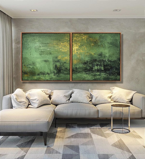 Duo de Quadros Quadrados Abstrato Verde Esmeralda Dourado Efeito Pintura Canvas Moldura