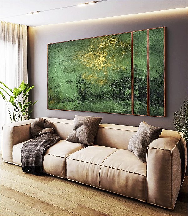 Trio de Quadros Estilizados Abstrato Verde Esmeralda Dourado Efeito Pintura Canvas Moldura