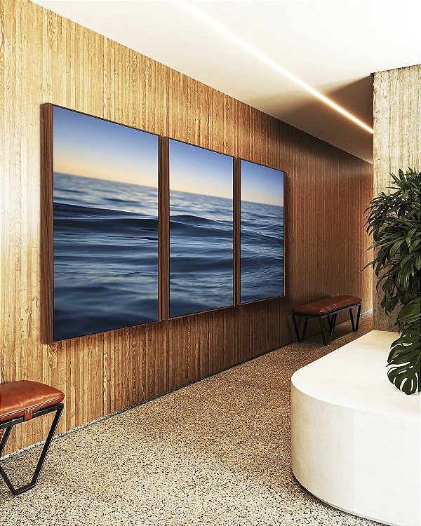 Trio de Quadros Nascer do Sol em Mar Ondulado suave Azul Natureza Canvas Moldura