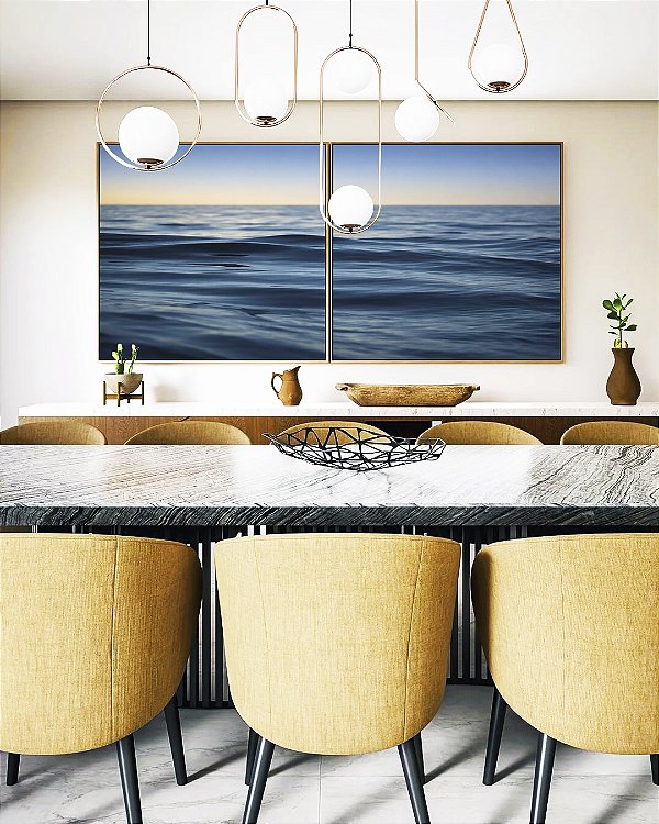 Duo de Quadros Quadrados Nascer do Sol em Mar Ondulado suave Azul Natureza Canvas Moldura