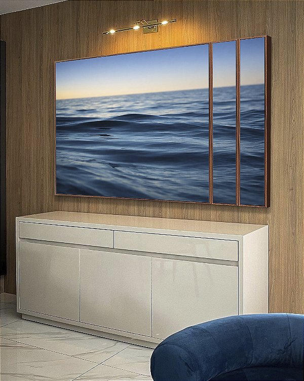 Trio de Quadros Estilizados Nascer do Sol em Mar Ondulado suave Azul Natureza Canvas Moldura