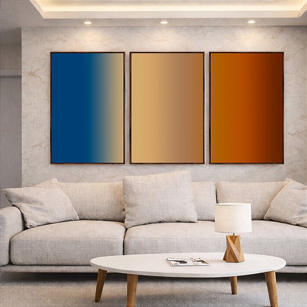 Trio de Quadros Abstrato Degradê Azul Marinho Marfim Marrom Cobre Canvas Moldura