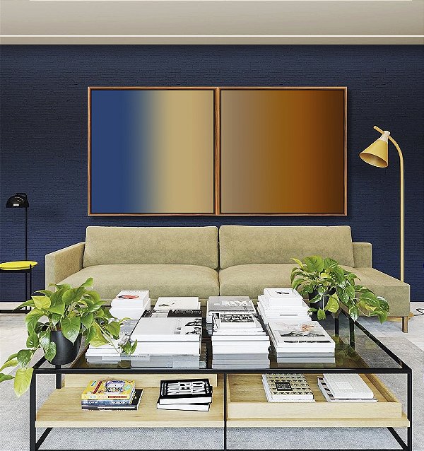 Duo de Quadros Quadrados Abstrato Degradê Azul Marinho Marfim Marrom Cobre Canvas Moldura