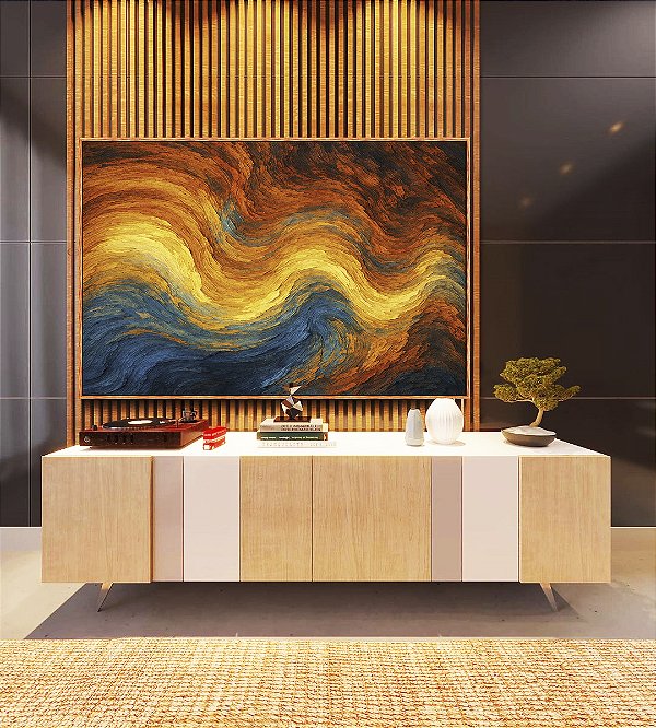 Quadro Horizontal Abstatro Laranja Amarelo Azul Ondulações Textura Canvas Moldura