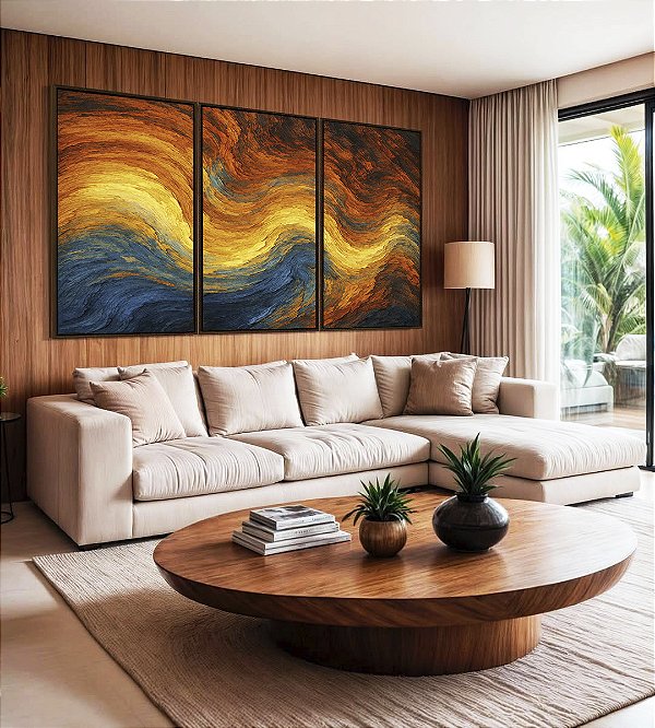 Trio de Quadros Abstatro Laranja Amarelo Azul Ondulações Textura Canvas Moldura