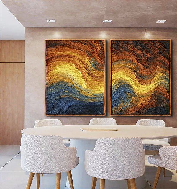 Duo de Quadros Abstatro Laranja Amarelo Azul Ondulações Textura Canvas Moldura