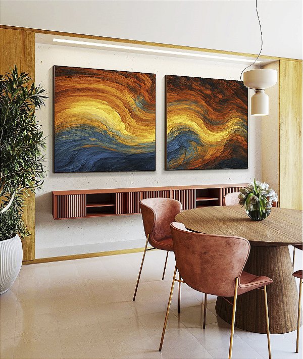 Duo de Quadros Quadrados Abstatro Laranja Amarelo Azul Ondulações Textura Canvas Moldura