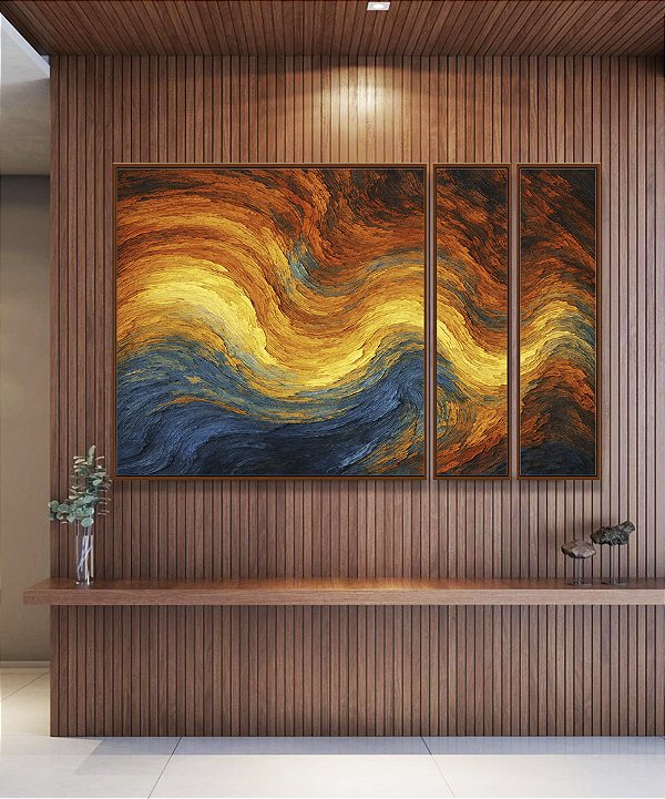 Trio de Quadros Estilizados Abstatro Laranja Amarelo Azul Ondulações Textura Canvas Moldura