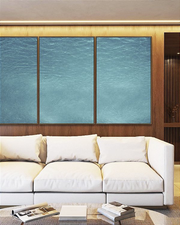 Trio de Quadros Mar Azul Turquesa Textura Natural Canvas Moldura