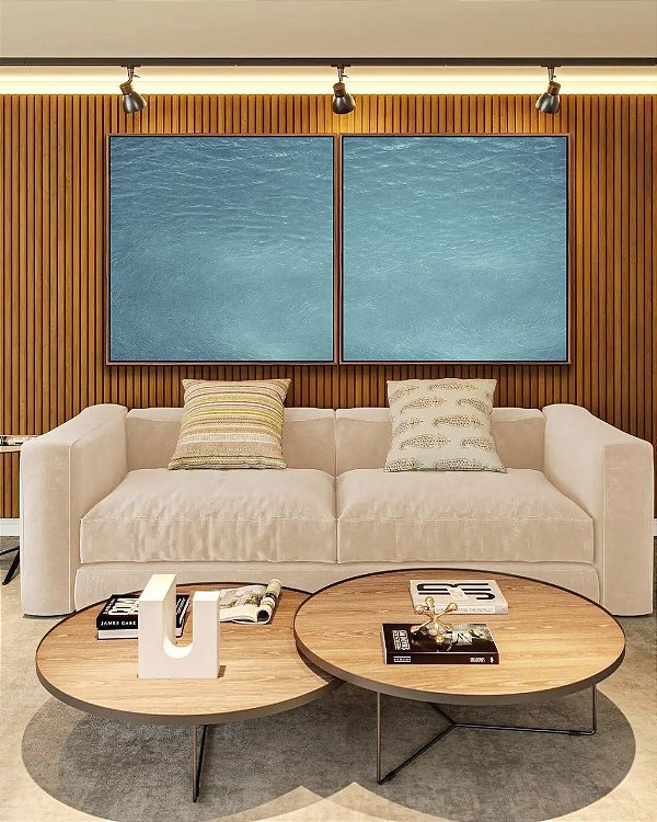 Duo de Quadros Quadrados Mar Azul Turquesa Textura Natural Canvas Moldura
