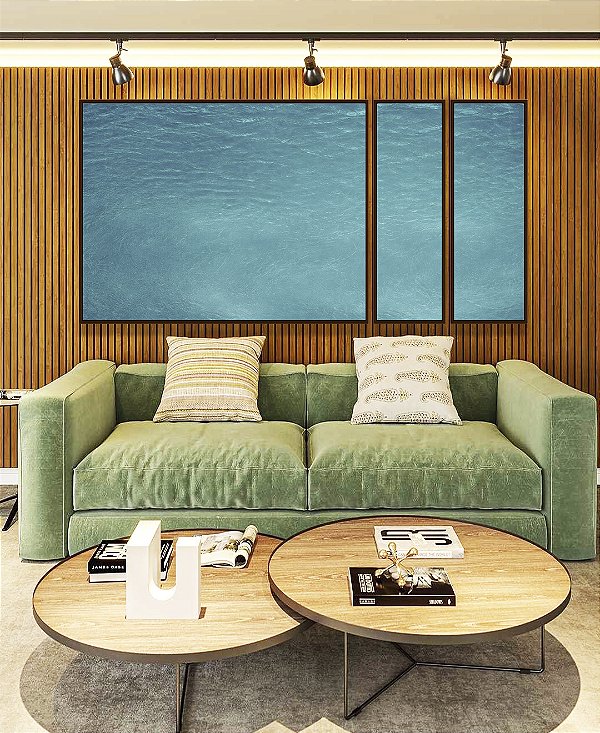 Trio de Quadros Estilizados Mar Azul Turquesa Textura Natural Canvas Moldura