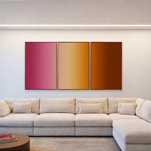 Trio de Quadros Abstrato Degradê Vinho Marsala Marfim Marrom Cobre Canvas Moldura