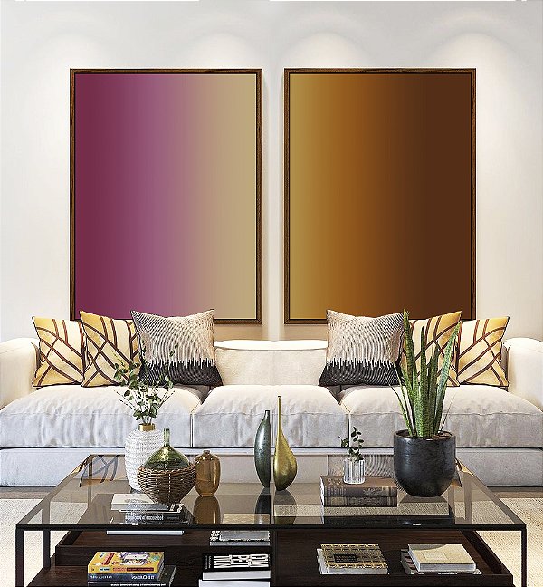 Duo de Quadros Abstrato Degradê Vinho Marsala Marfim Marrom Cobre Canvas Moldura