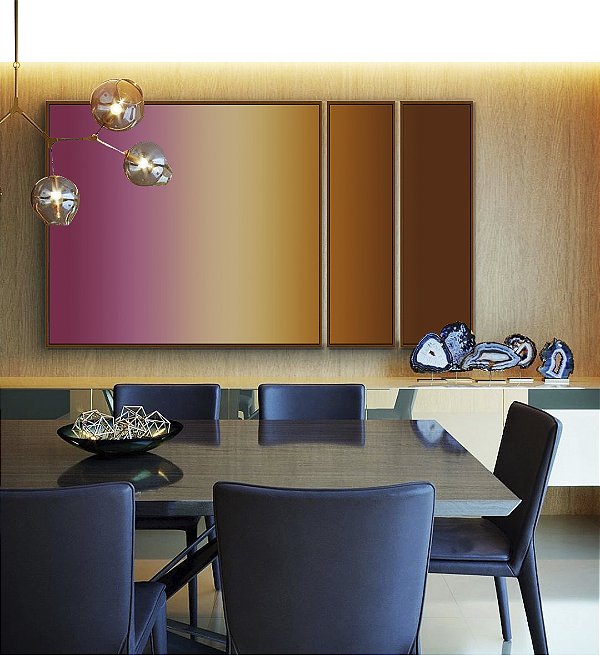 Trio de Quadros Estilizados Abstrato Degradê Vinho Marsala Marfim Marrom Cobre Canvas Moldura